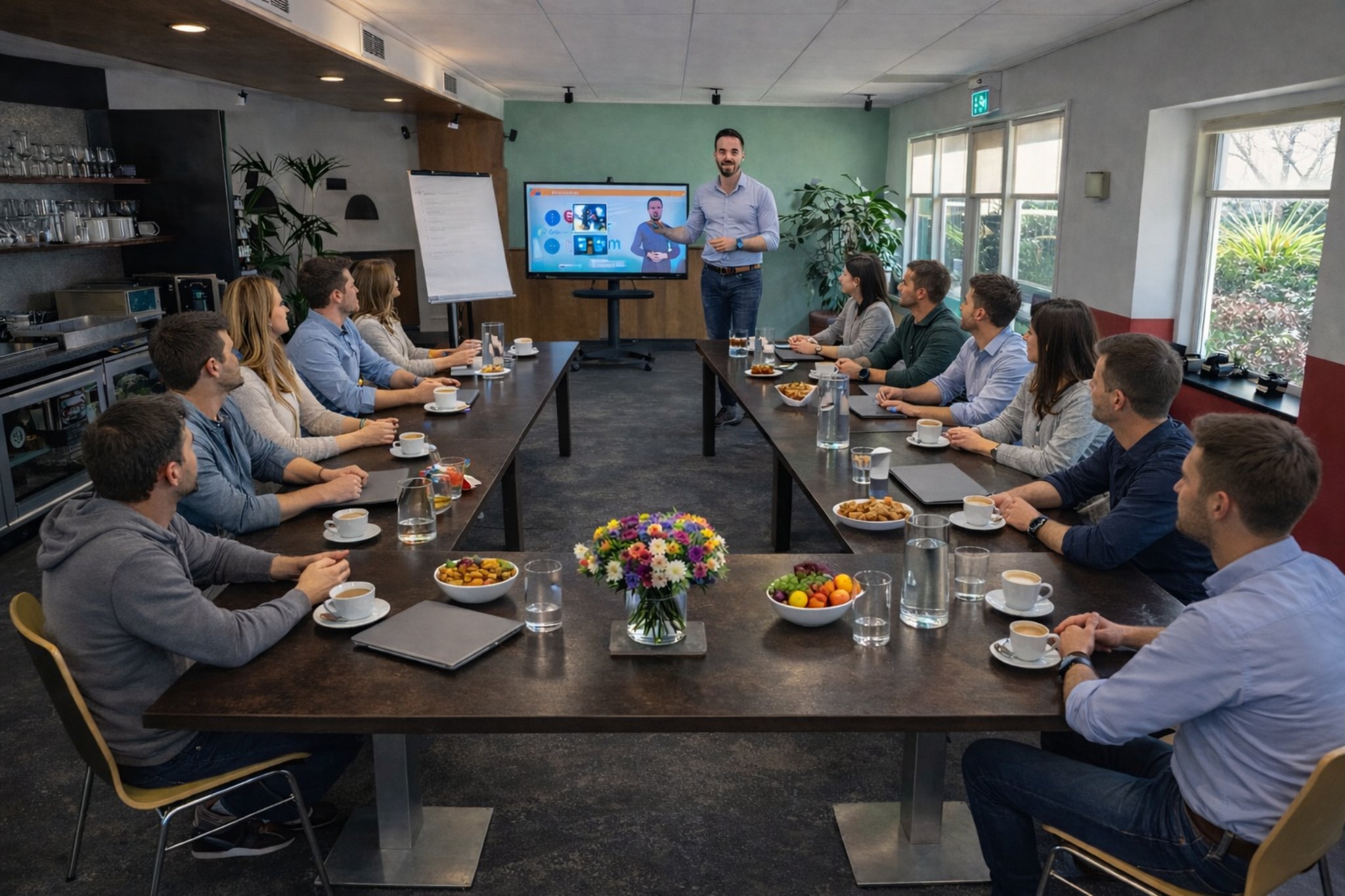 Business meeting with presentation and discussion.